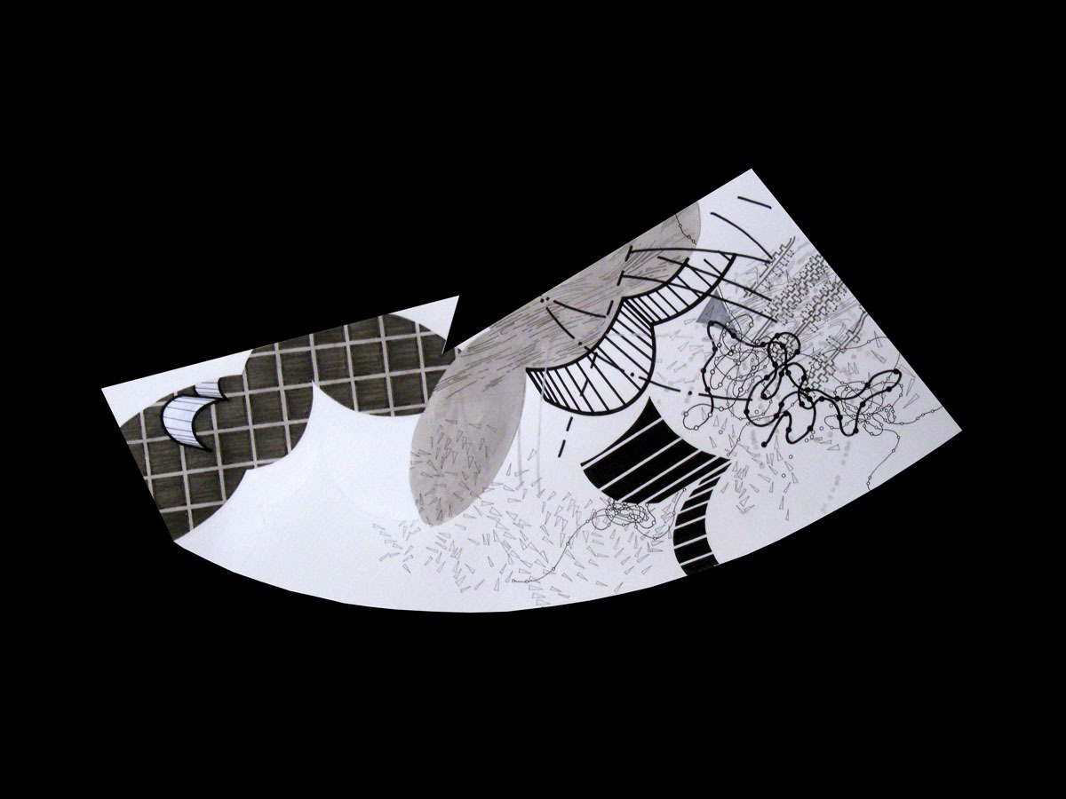 Hither and Thither 1.5, 2014, mixed media on shaped paper, 14" x 27.25" by Robert Green. ©