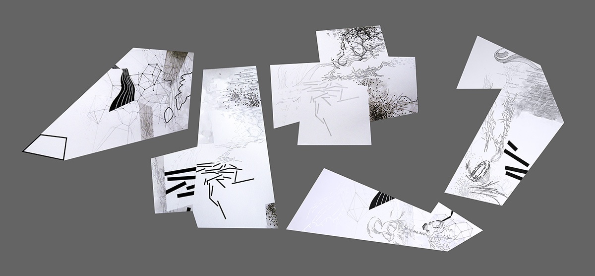 Hither and Thither 2.1-2.5, 2014, mixed media on shaped paper, 33" x 79" by Robert Green. ©