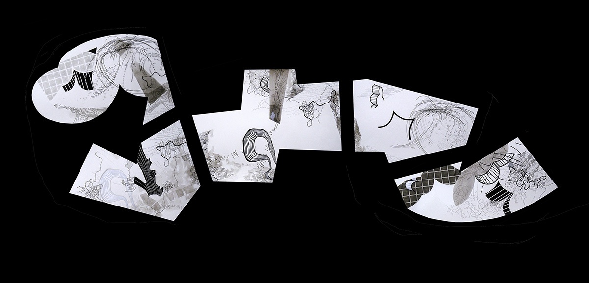 Hither and Thither 1.1-1.5, 2014, mixed media on shaped paper, 32.5" x 84.5" by Robert Green. ©