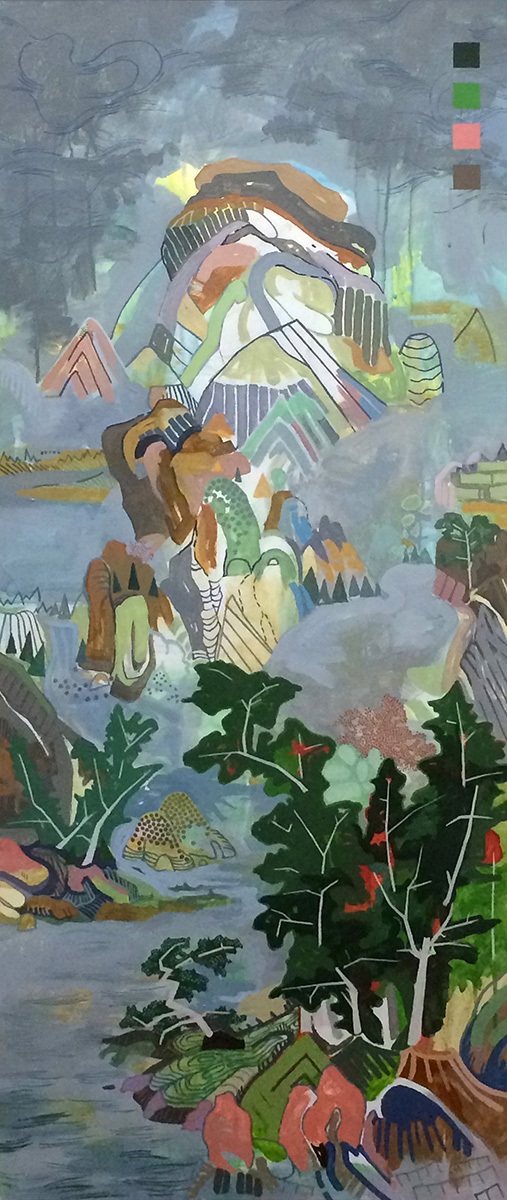 After Dong Qichang's Spring Mountains Over Warm Greenery, 2019, acrylic on paper, 48" x 19.5" by Robert Green. ©