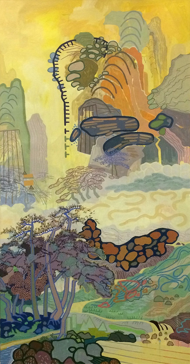 After Xie Shichen's Listening to the Zither Among Trees and Pines, 2018, acrylic on paper, 48" x 22.25" by Robert Green. © SOLD
